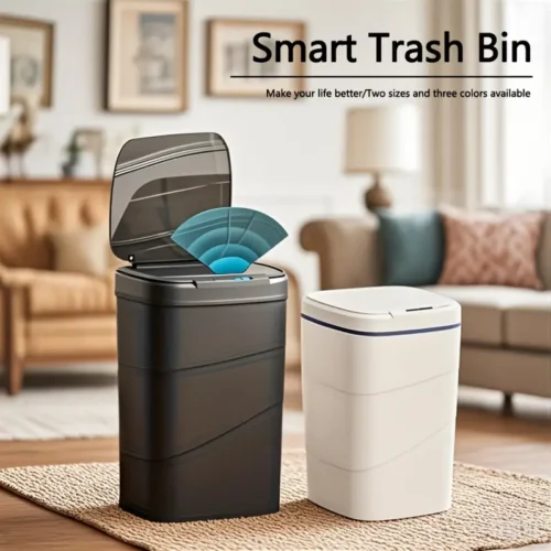 سلة قمامة ذكية مع إزالة الروائح، حساس  لارتداد الركبة، تشغيل هادئ، تعمل بالبطارية