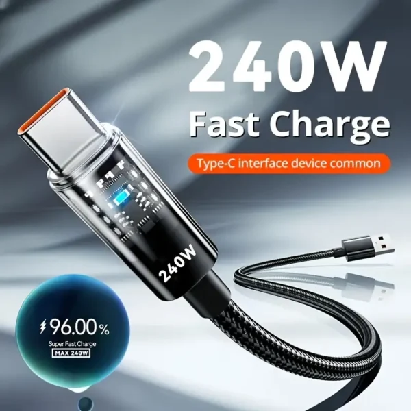 سلك شاحن وكابل بيانات Type-C للشحن السريع 240W شفاف ومضيء مع ضوء مؤشر