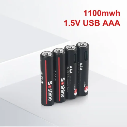 بطاريات Soshine AAA قابلة للشحن عبر USB بسعة 1100mWh وجهد 1.5 فولت، مثالية لأجهزة التحكم والماوس اللاسلكي.