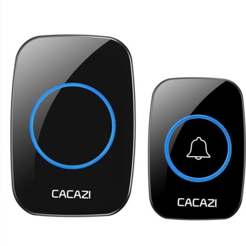 "جرس باب لاسلكي CAZACI بتصميم أسود أنيق مع إضاءة LED زرقاء، جهاز استقبال وزر جرس مقاوم للماء."